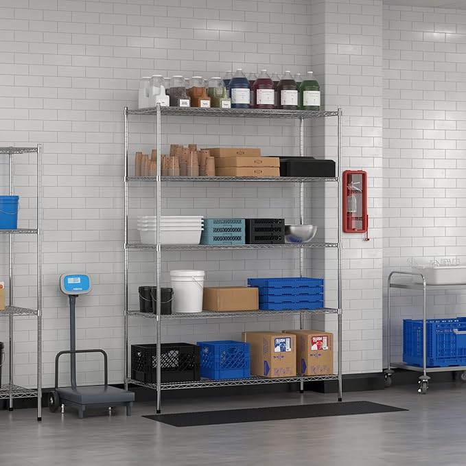 Commercial NSF Listed Chrome Stationary Wire Shelving Kit 24" x 60" x 86", with 5 Shelves Perfect for Warehouse, Walk-in Refrigerator, Freezer, Grocery Store, Restaurant, Dishroom