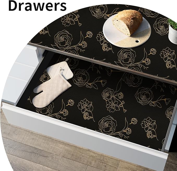 Shelf Liners for Kitchen Cabinets 12in x 30FT Non Adhesive Drawer Liner Black Floral Thickened Shelf Liner Paper Strong Non-Slip Easy to Clean for Tool Box Refrigerator with Knife and Tape Measure