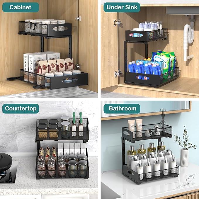 Housolution 2 Pack Large Under Sink Organizer, 2 Tier Metal Pull Out Under Sink Storage with Sliding Mesh Drawers, Height Adjustable Slide Out Under Cabinet Organizer for Kitchen Bathroom, Black