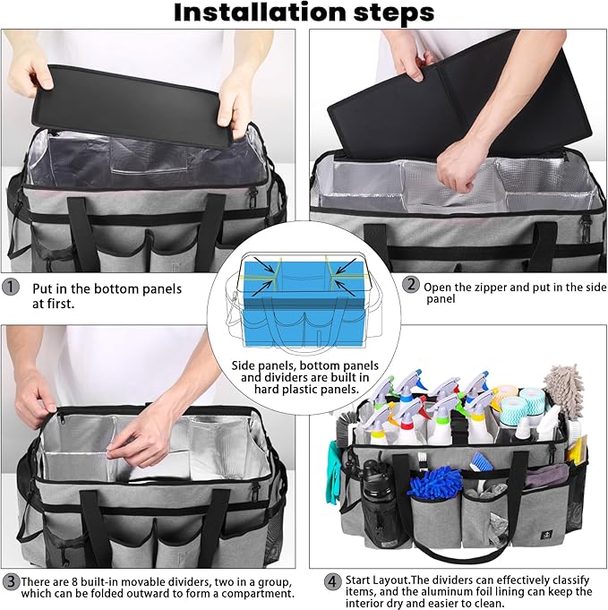Timoxi Extra large Cleaning Caddy Bag Built-in Sturdy Support Board, Cleaning Organizer with Detachable Divider, Cleaning Supply Tote with Adjustable Shoulder Strap (Grey, 19'' x 11'' x 11'')