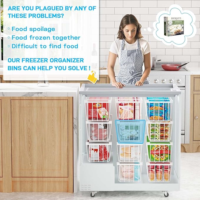 Freezer Organizer Bins, 4 Pack Chest Freezer Organizer Stackable for 5-7 Cu.FT Deep Freezer Sort Frozen Meats and Food, Freezer Storage Baskets with Handles Easy Reach from Bottom, White