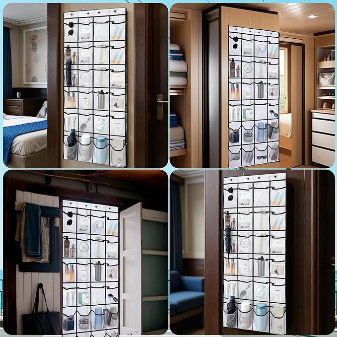 Magnetic Door Organizer with Hooks, 24 Mesh Pockets, Over Door Storage Solution, White, 55x21 Inch, Magnetic Shoe Rack Holder for Cruise Ship Cabins
