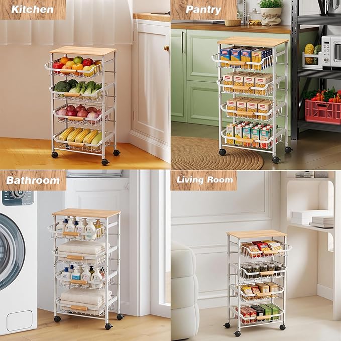 5-Tier Rolling Pantry Floor Storage Cart with Wheels&Wood Top, Large Capacity Kitchen Organization Fruit Wire Basket Stand for Pantry, Bathroom, Living Room,White