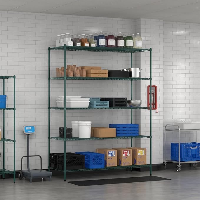 Commercial NSF Listed Green Epoxy Stationary Wire Shelving Kit 30" x 72" x 96", with 5 Shelves Perfect for Warehouse, Walk-in Refrigerator, Freezer, Grocery Store, Restaurant, Dishroom