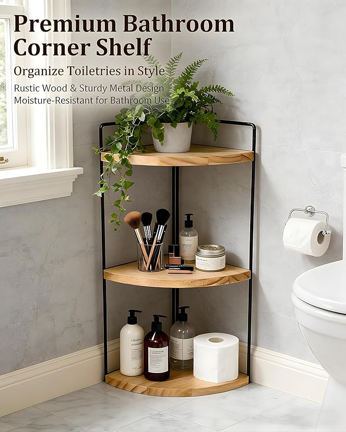 Corner Bathroom Countertop Organizer, 3-Tier Rustic Wood Corner Shelf with Sturdy Metal Frame, Waterproof Vanity Storage for Cosmetics & Toiletries, Space Saving Rack for Kitchen, Natural