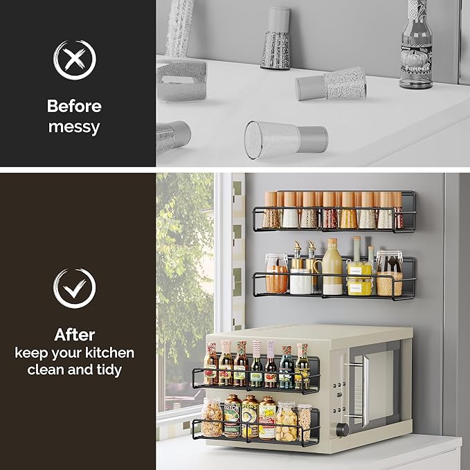 Mystozer 6 Pack Magnetic Spice Rack Organizer, Space Saver for Refrigerator and Whiteboard, Metal Fridge Shelf for Kitchen and Classroom, Black