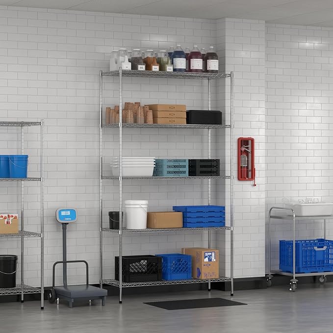 Commercial NSF Listed Chrome Stationary Wire Shelving Kit 21" x 54" x 96", with 5 Shelves Perfect for Warehouse, Walk-in Refrigerator, Freezer, Grocery Store, Restaurant, Dishroom