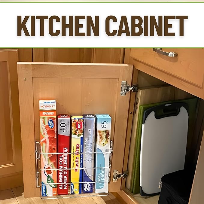 Evelots Kitchen Wrap Organizer - 2 Pack - Hold up to 4 Plastic, Foil, Paper, Wax - Cabinet Door, Wall Rack Basket - Sandwich, Freezer, Food Bag Storage - Laundry Supplies - Chrome Finished Metal