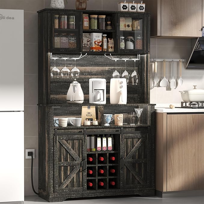 Farmhouse Coffee Bar Cabinet with Sliding Barn Door, Buffet Cabinet with Hutch, Kitchen Pantry Cabinet with Power Outlet & Lighting, Tall Liquor Chest for Home Dining Room, Black