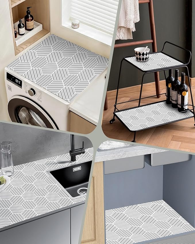 Shelf Liner Drawer Liner for Kitchen Cabinet Non-Adhesive Cabinet Liners Thickened Slip Resistant Waterproof Shelf Paper Protect Cupboard Dresser Shelves, Gray Hexagonal Geometric Stripe 11.8In x 10FT