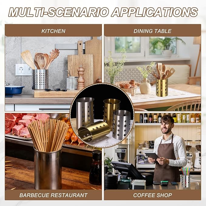 uxcell Kitchen Utensil Holder, 4.6x5.5 Stainless Steel Utensil Cutlery Holder Oval Flatware Organizer with Drain Hole for Kitchen Restaurant Countertop Straw, Spoon, Chopstick, Gold