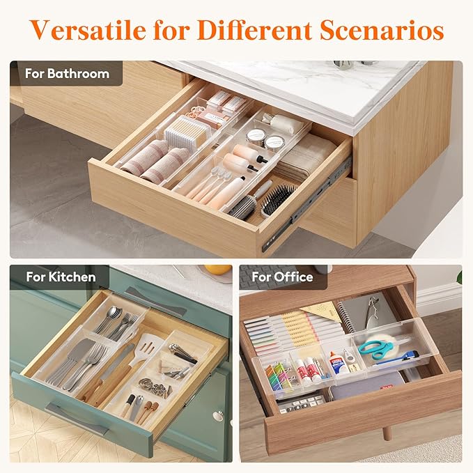 Lifewit Sliding Makeup Drawer Organizer, Fits 13-20" Deep Drawers, Extendable Hanging Divider, 1.8" High Plastic Tray for Vanity, Office, Kitchen, Translucent, 2Pcs