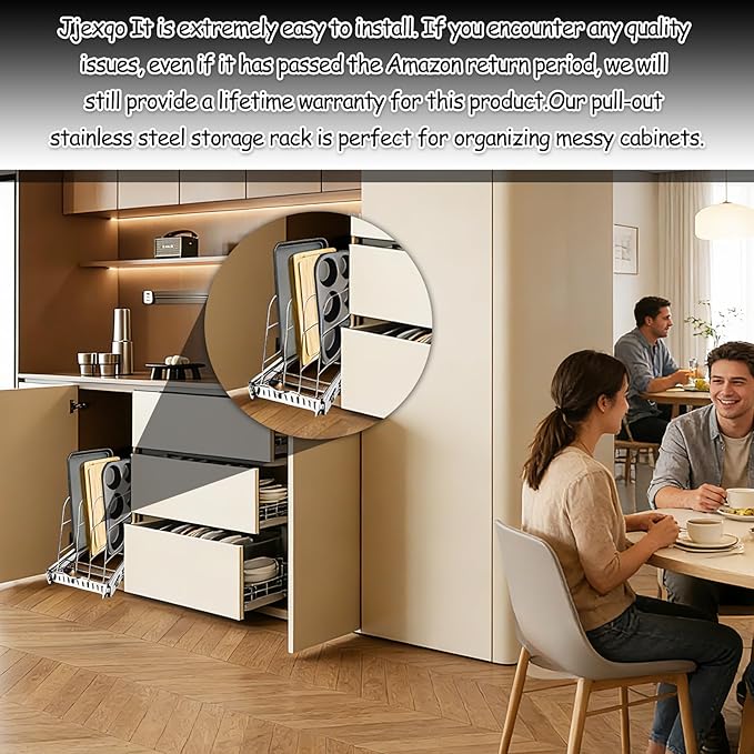 Pull Out Baking Pan Organizer for Cabinet, Cookie Sheet, Cutting Board, Tray Organizer for Cabinet, Adjustable, 22"D x11"H x 8.7"W, Pull/Slide Out Organizer-Heavy Duty, Chrome steel, 50-Year Warranty