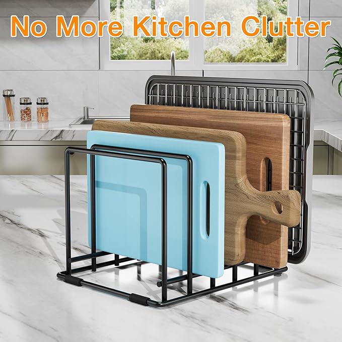 Baking Sheet Organizer Rack โ 5-Slot Bakeware & Cookie Tray Holder for Kitchen Cabinet or Countertop, Stainless Steel Cutting Board Rack with Rust-Resistant Frame & Anti-Slip Feet