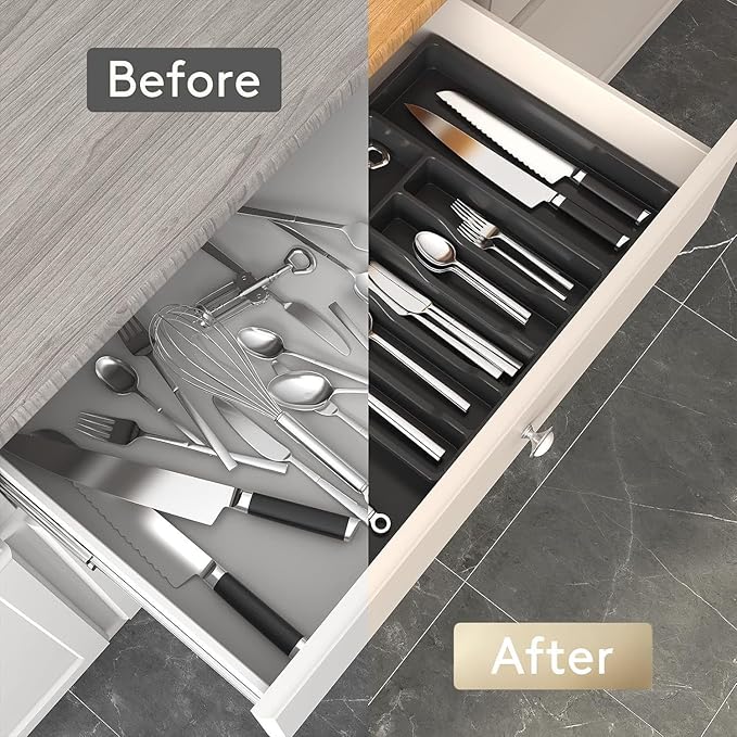 Expandable Large Silverware Tray For Drawer Organizer, Kitchen Cooking Utensil Drawer Organizer For Spoons Forks Knives, Adjustable Cutlery Flatware Holder 13"-22.4" X 14.7" X 2" (Black)