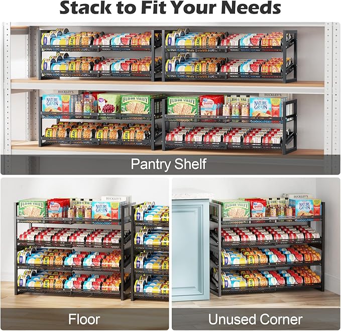 iSPECLE Extendable Can Organizer for Pantry, Adjustable Width Can Storage Organizer for 48 Cans, Heavy Duty Auto Rolling Dispenser Rack, Stackable Metal Shelf Holder for Soup Spices Snacks, Black