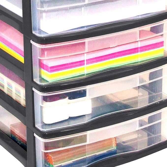 Gracious Living 4 Drawer Desktop & Countertop Organizer w/Organization Lid for Craft Storage, Office Supplies & School Supplies, Black/Clear (3 Pack)