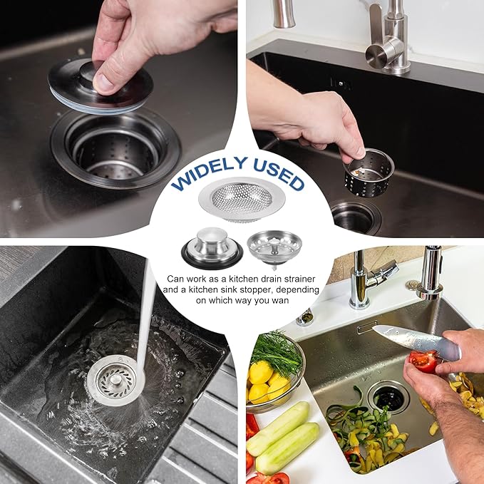 uxcell 3 Pcs Kitchen Sink Drain Strainer Matte Silver, Stainless Steel Kitchen Sink Strainer and Stopper, Anti-Clogging Basket with Handle, for Most Kitchen Sink Strainer Replacement