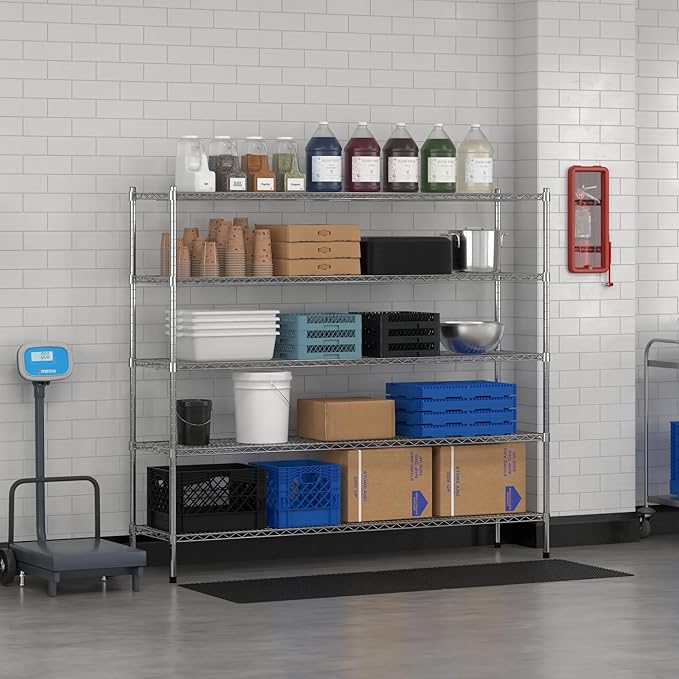 Commercial NSF Listed Chrome Stationary Wire Shelving Kit 18" x 72" x 64", with 5 Shelves Perfect for Warehouse, Walk-in Refrigerator, Freezer, Grocery Store, Restaurant, Dishroom