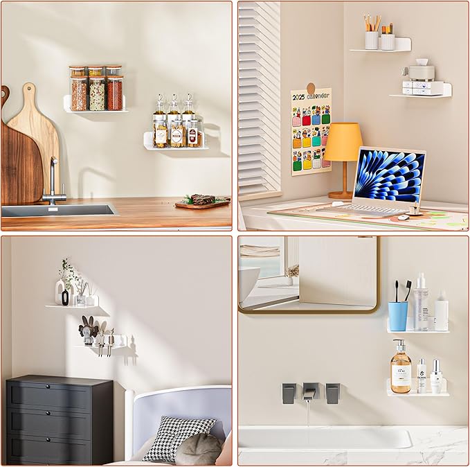 Small Floating Shelves, 9" Adhesive Wall Shelf with Cable Hole, No Drilling, Metal Display Ledges for Living Room, Bedroom, Bathroom (White, 2 Pack)