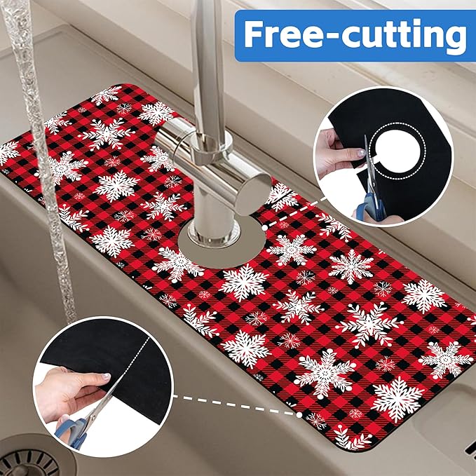 Christmas Snowflake Kitchen Sink Splash Guard Mat Buffalo Plaid Absorbent Fast Drying Mat Faucet Draining Mat Sink Splash Guard Behind Faucet Drip Catcher for Kitchen Bathroom 5.5"×15"