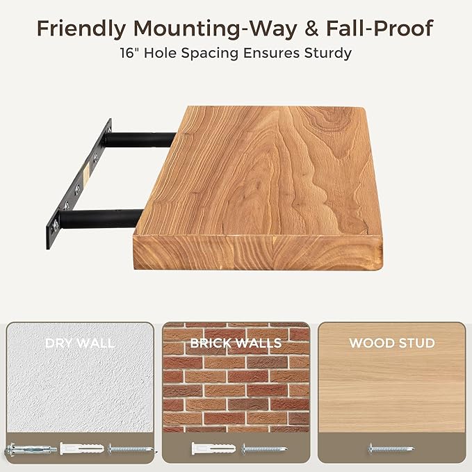 Fun Memories Rustic Elm Wood Floating Shelves, 30 Inch Wall Shelf Set of 2, Wooden Bathroom Shelves with Heavy-Duty Bracket, Storage & Display Shelf for Kitchen, Bedroom, Living Room
