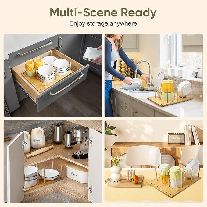 Wooden Pegboard Drawer Organizer Storage - Trimmable Peg Board Organizer for Kitchen Cabinet & RV, Adjustable Shelf with 12 Pegs, for Utensil, Plates & Dishes Rack, 15x5.9 inch, 2 Pack