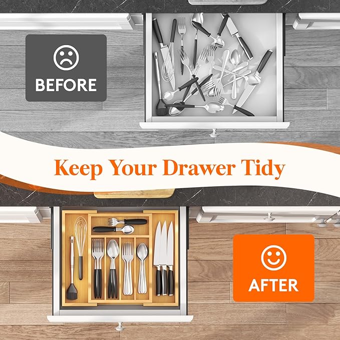 Lifewit Silverware Drawer Organizer, Expandable Utensil Tray for Kitchen, Bamboo Flatware and Cutlery Holder, Wood Adjustable Storage for Spoons Forks Knives, 9.4-15.7x13", Natural