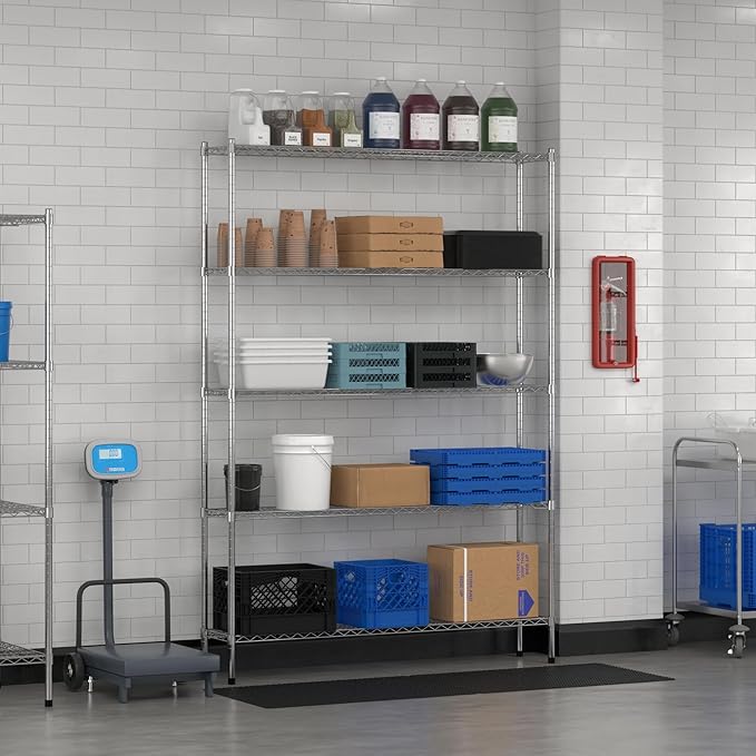 Commercial NSF Listed Chrome Stationary Wire Shelving Kit 12" x 60" x 86", with 5 Shelves Perfect for Warehouse, Walk-in Refrigerator, Freezer, Grocery Store, Restaurant, Dishroom