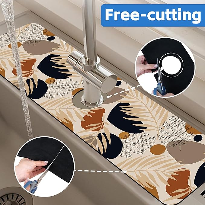 Boho Tropical Leaves Kitchen Sink Splash Guard Mat Absorbent Fast Drying Mat Faucet Draining Mat Sink Splash Guard Behind Faucet Drip Catcher for Kitchen Bathroom 5.5"×24"
