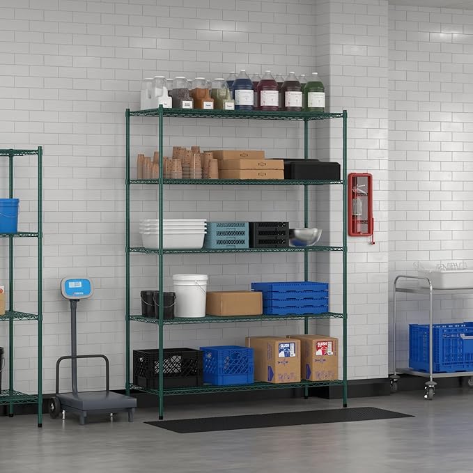 Commercial NSF Listed Green Epoxy Stationary Wire Shelving Kit 24" x 60" x 86", with 5 Shelves Perfect for Warehouse, Walk-in Refrigerator, Freezer, Grocery Store, Restaurant, Dishroom