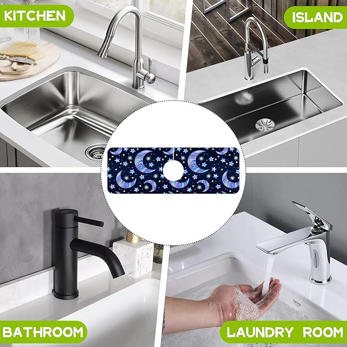 Kitchen Sink Splash Guard Faucet Mat Super Absorbent Fast Drying Mat Guard Behind Faucet Drip Catcher for Kitchen Bathroom (Blue Stars Crescent Moon, 15.5"X5.5")