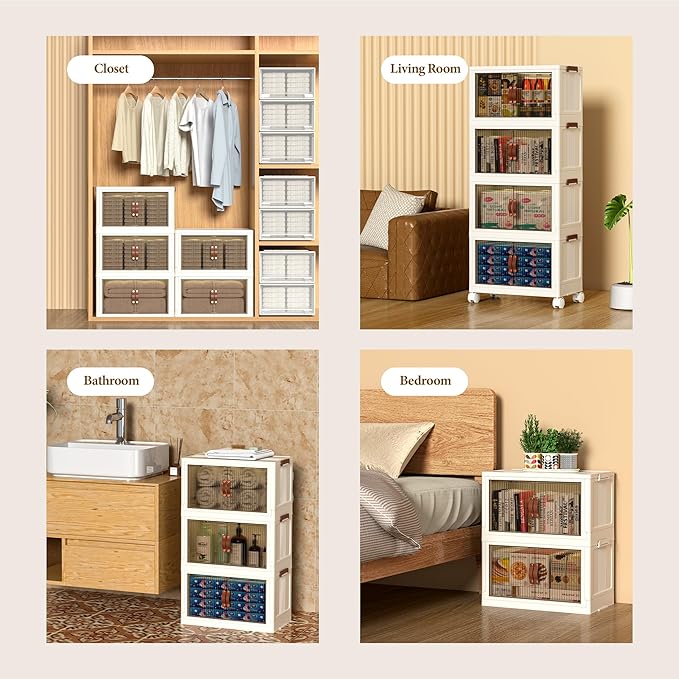 ONAIL Collapsible Storage Bins with Lid and Wheels, Plastic Foldable Storage Cabinet-Stackable Closet Organizer Containers with Doors for Clothes, Home, Room, White, 3 Tiers