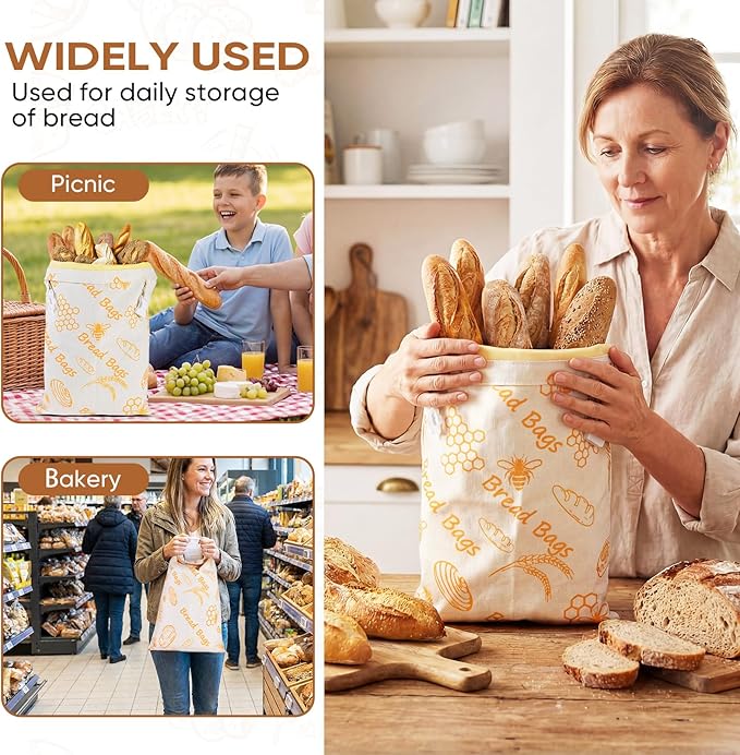 Beeswax Bread Bags for Sourdough 17in*12in Sealed Bag Reusable Cotton Beeswax Bag for Homemade Bread Freezer-Friendly Freshness Preservation with Snap Closure 2 Pack (Orange Pattern)