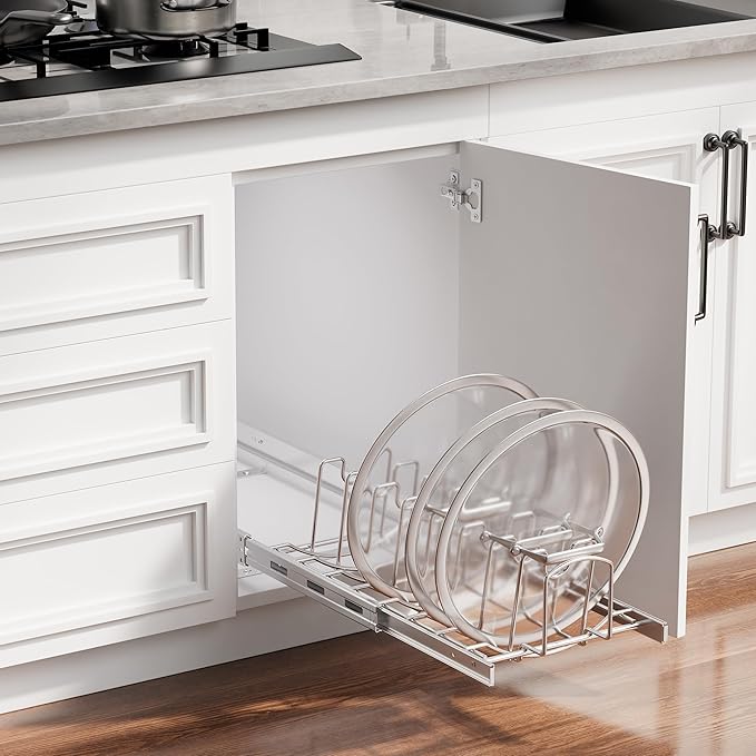 Slide Out Pot Lid Organizer Under Cabinet, Wire Dividers Kitchen Pull Out Pot Lid Storage Rack Holder, Full-Extension Rail 15" W*22" D