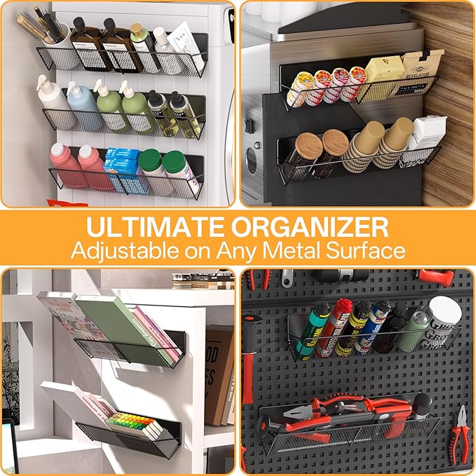 Magnetic Spice Rack for Refrigerator 4-Pack, Tilt Magnetic Fridge Shelves, 14-16.5 inch, 100% Metal, Holds 32 Jars, Strong Magnet Spice Organizer for Small Apartment Kitchen/ Laundry, Space Saving