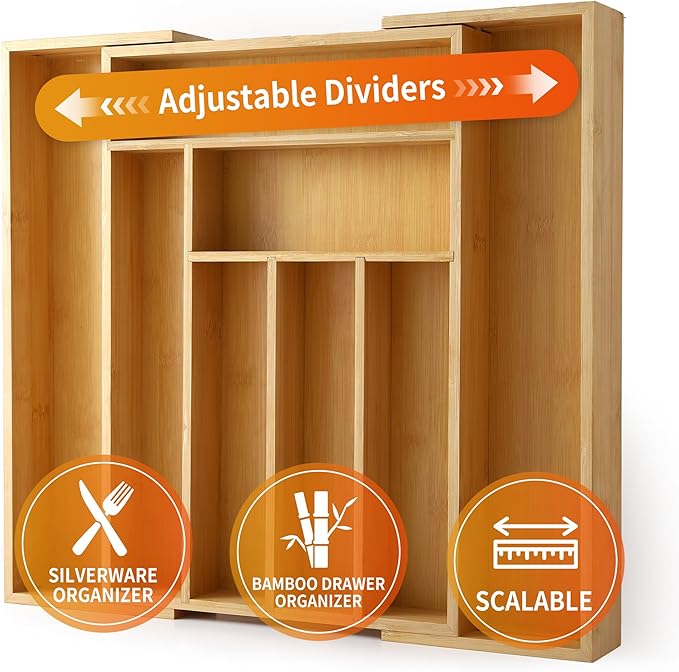 Bamboo Expandable Drawer Organizer for Utensils Holder, Wood Drawer Dividers for Silverware, Flatware, Knives in Kitchen, Bedroom, Living Room