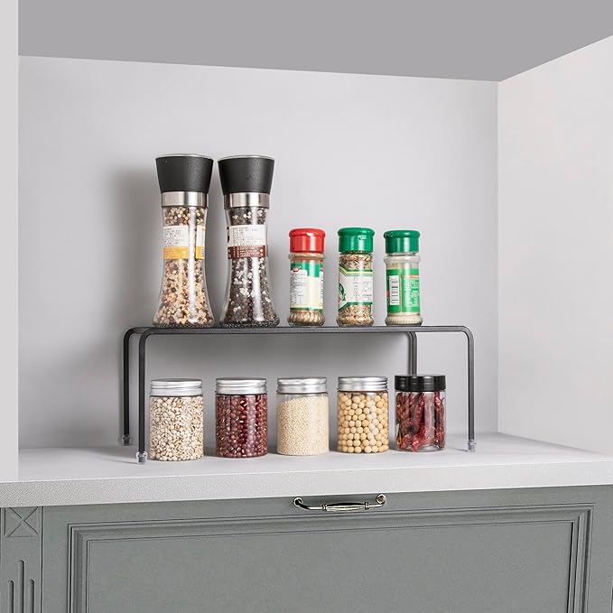 Set of 4 Kitchen Cupboard Organizer Shelves, Metal Orifice Board Counter Storage Racks with Non-Slip Rubber Feet, Heavy Duty for Pantry, Fridge, Cabinet, Black
