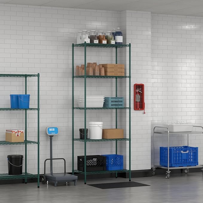 Commercial NSF Listed Green Epoxy Stationary Wire Shelving Kit 21" x 36" x 96", with 5 Shelves Perfect for Warehouse, Walk-in Refrigerator, Freezer, Grocery Store, Restaurant, Dishroom
