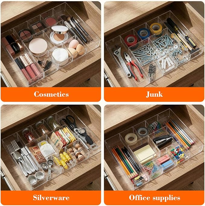 Clear Acrylic Desk Drawer Organizer Storage Tray Organizer for Pens, Stationery, Desktop, Office, Bathroom, Kitchen, Makeup Supplies(10 Compartments)