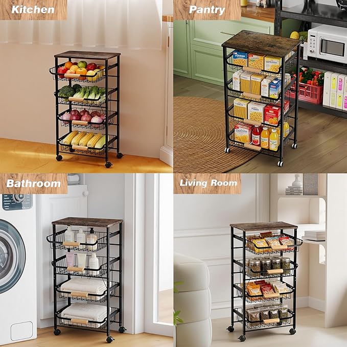 5-Tier Kitchen Rolling Utility Cart Storage with Wheels&Wood Top,Pull-Out Hollow Metal Basket Stand for Fruit Potato Onion Vegetable Snack Produce,Black