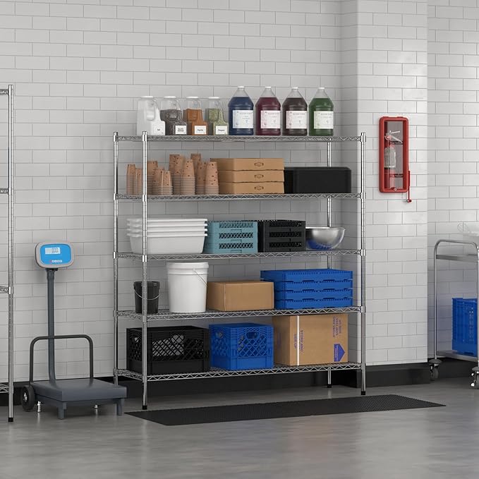 Commercial NSF Listed Chrome Stationary Wire Shelving Kit 18" x 60" x 64", with 5 Shelves Perfect for Warehouse, Walk-in Refrigerator, Freezer, Grocery Store, Restaurant, Dishroom