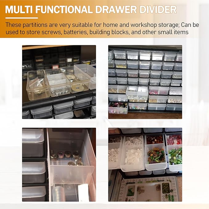 40716 Plastic Width Dividers for Small Drawers in Plastic Cabinets, Custom Storage Inserts Small Parts Organizer, Screw Organizer Clear -20pack