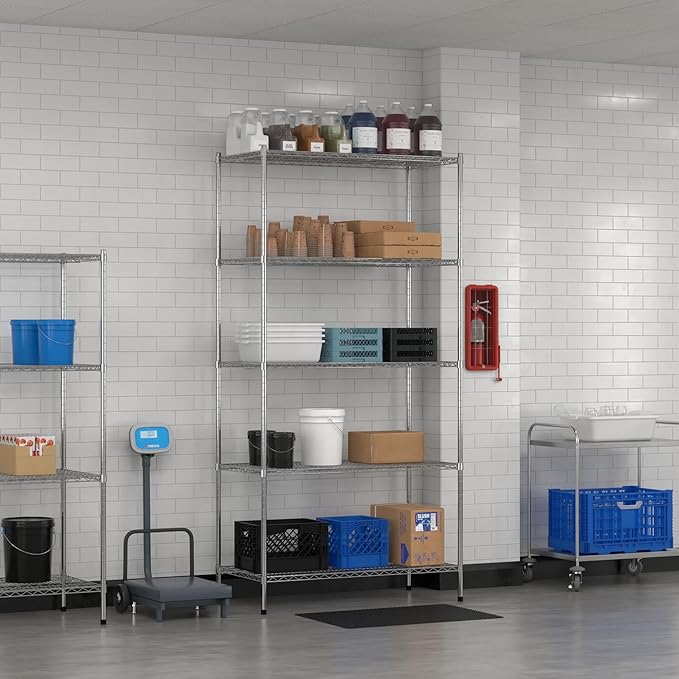 Commercial NSF Listed Chrome Stationary Wire Shelving Kit 24" x 48" x 96", with 5 Shelves Perfect for Warehouse, Walk-in Refrigerator, Freezer, Grocery Store, Restaurant, Dishroom