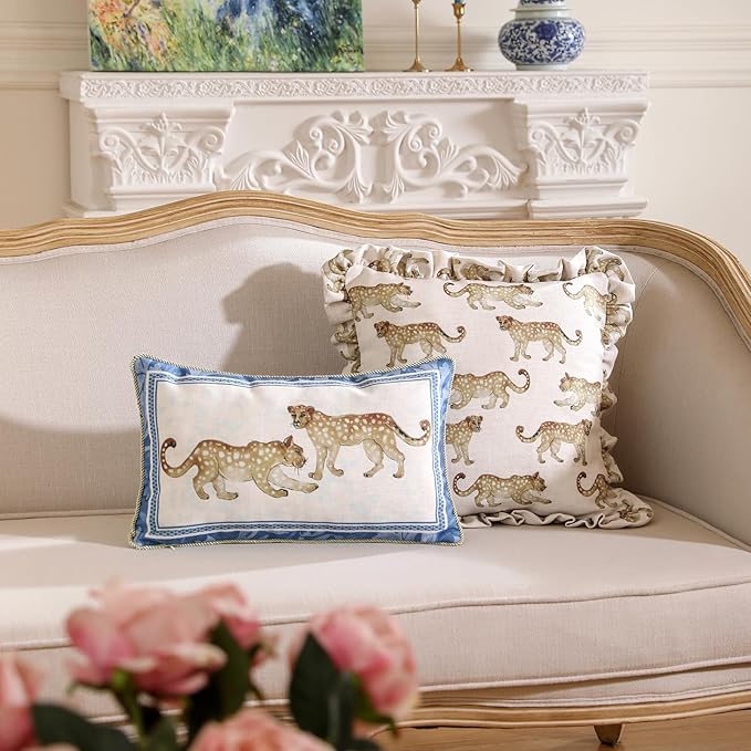 patdrea Designer Throw Pillow Covers for Couch 12"x20",Vintage Linen Pillows Cover with Cheetah Pattern and Luxury Ruffle,Farmhouse Decorative Pillowcases for Bed Living Room Outdoor Set of 2