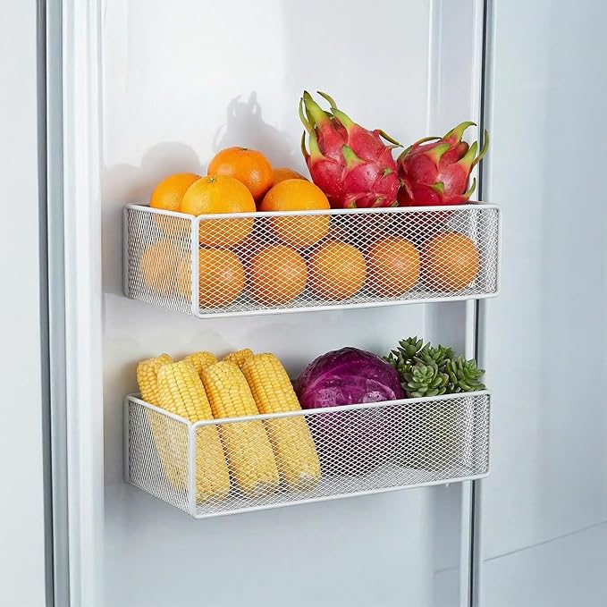 Ckhoid 2PCS Magnetic Basket Bins, 10 × 5 × 3 inch Fridge Organizer Holder, Heavy Duty Metal Basket Storage Shelf, Spice Storage Rack Organizer for Refrigerator, Home Kitchen Organization Accessories