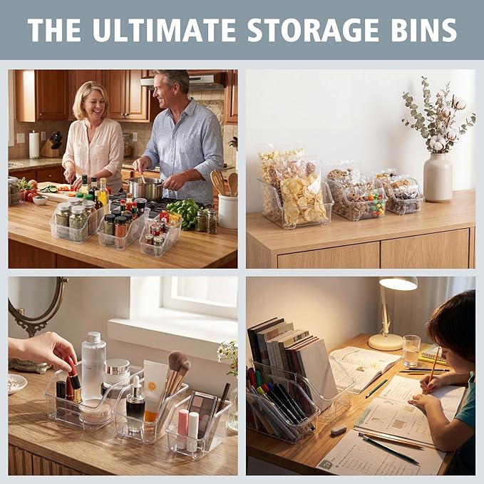 LemonRoad 6 Packs Clear Freezer Organizers and Storage Bins with Handle, Stackable Open Front Pantry Organizer Bins for Bathroom, Kitchen, Refrigerator, Pantry, Cabinet, Closet