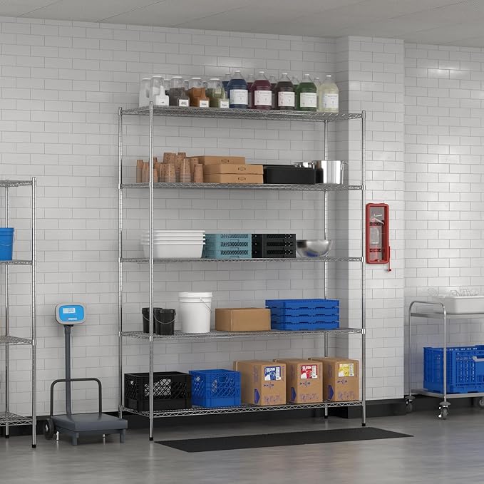 Commercial NSF Listed Chrome Stationary Wire Shelving Kit 24" x 72" x 96", with 5 Shelves Perfect for Warehouse, Walk-in Refrigerator, Freezer, Grocery Store, Restaurant, Dishroom