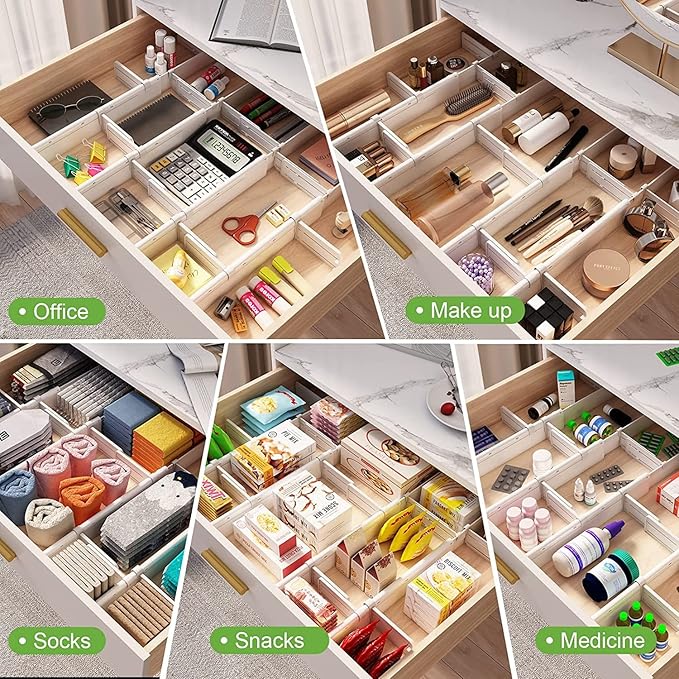 HiYZ Expandable Drawer Dividers with Inserts, Large Kitchen Utensils Drawers Divider, 2.36" High Adjustable Drawer Organizers Separators for Clothing,Kitchen Utensils,Tools,8 Dividers with 16 Inserts
