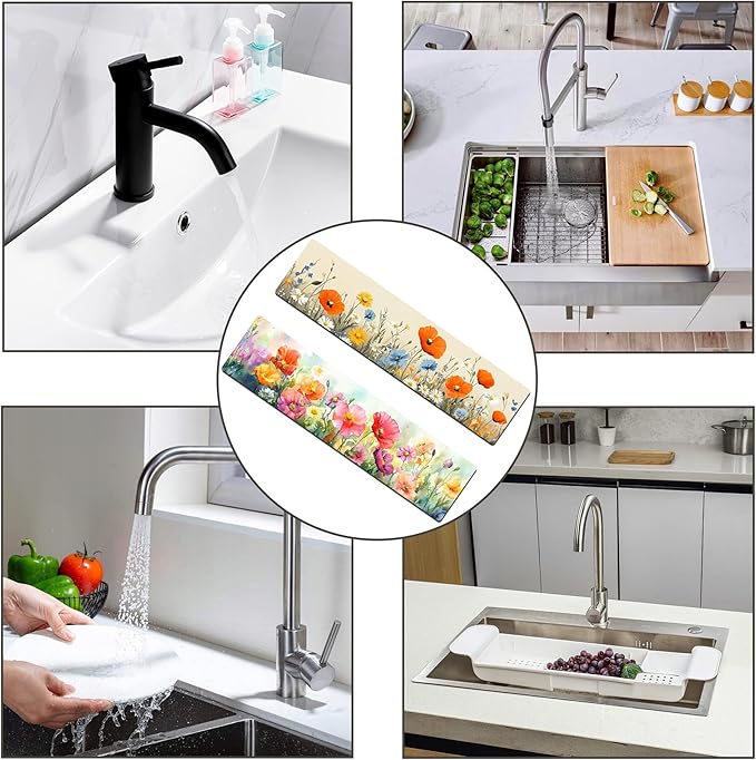 Bimkole 2 PCS Faucet Absorbent Mat, Kitchen Faucet Sink Splash Guard Wraparound Cloth Pads Drip Catcher for Sink Faucet for Kitchen Bathroom Faucet, Colorful Faucet Mat, 15 x 4 Inch Flower A5